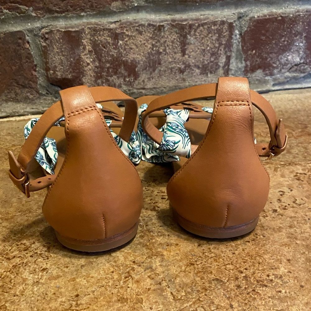 Tory burch leather logo blue Meridian floral fabric miller scarf ankle sandals - Picture 10 of 11